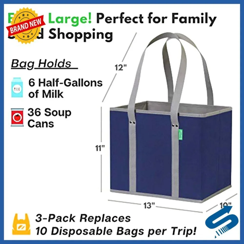 Heavy Duty Reusable Grocery Bags 3 Pack Box Shape Stands Up